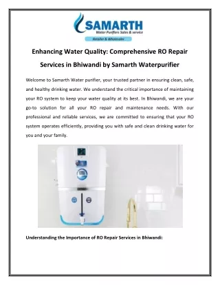 Enhancing Water Quality Comprehensive RO Repair Services in Bhiwandi by Samarth Waterpurifier