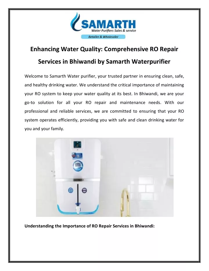 enhancing water quality comprehensive ro repair