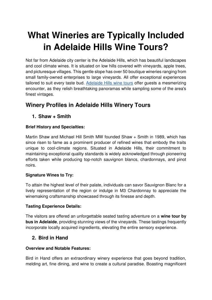 what wineries are typically included in adelaide