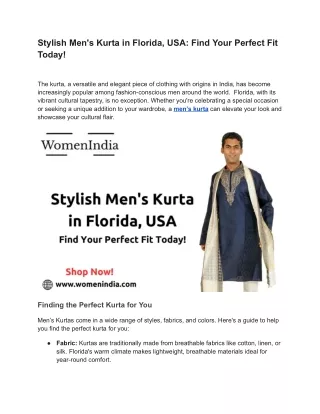 Stylish Men's Kurta in Florida, USA: Find Your Perfect Fit Today!