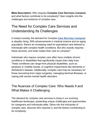 The Need for Complex Care Services and Understanding its Challenges