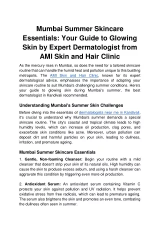 Mumbai Summer Skincare Essentials_ Your Guide to Glowing Skin by Expert Dermatologist from AMI Skin and Hair Clinic
