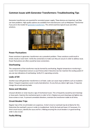 Common Issues with Generator Transformers and Troubleshooting Tips