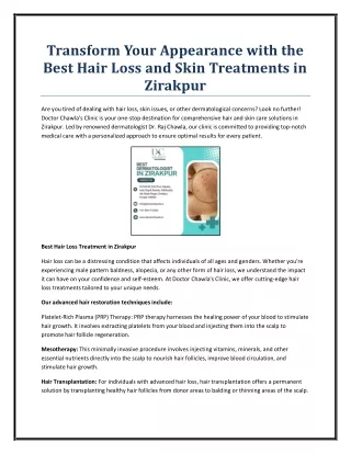 Transform Your Appearance with the Best Hair Loss and Skin Treatments in Zirakpur