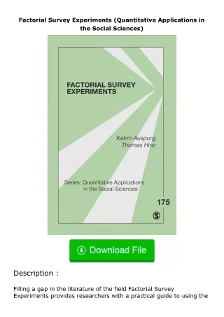 free read (✔️pdf❤️) Factorial Survey Experiments (Quantitative Applications in the Social Sciences)