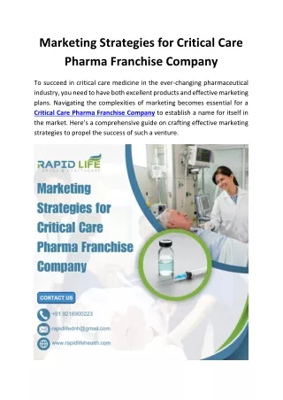 Marketing Strategies for Critical Care Pharma Franchise Company