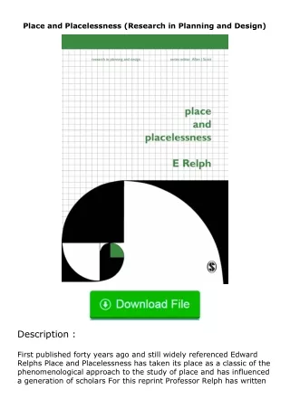 free read (✔️pdf❤️) Place and Placelessness (Research in Planning and Design)