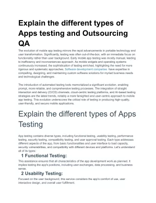 Explain the different types of Apps testing and Outsourcing QA