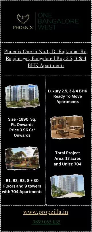 Phoenix One in No.1, Dr Rajkumar Rd, Rajajinagar, Bangalore  Buy 2.5, 3 & 4 BHK Apartments