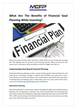 What Are The Benefits of Financial Goal Planning While Investing