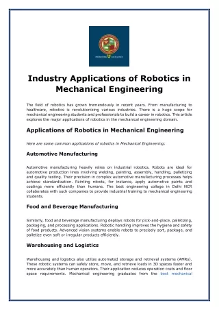 Industry Applications of Robotics in Mechanical Engineering