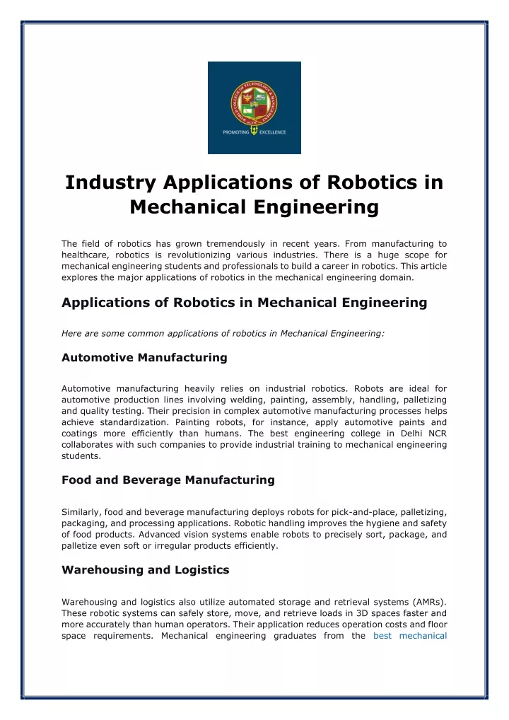 industry applications of robotics in mechanical