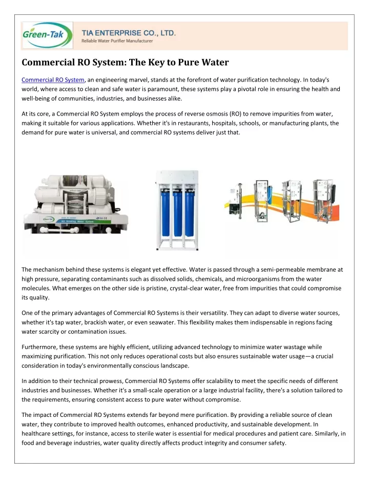 commercial ro system the key to pure water