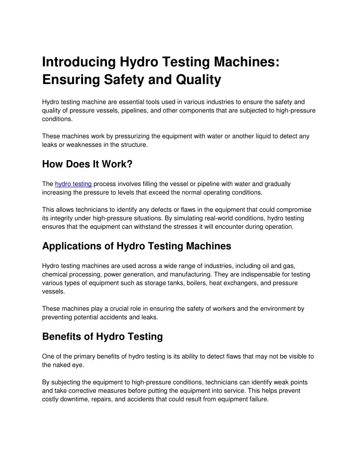 introducing hydro testing machines ensuring