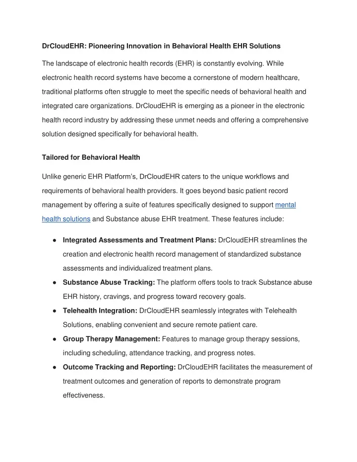 drcloudehr pioneering innovation in behavioral