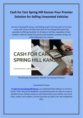 Cash for Cars Spring Hill Kansas-Your Premier Solution for Selling Unwanted Vehicles