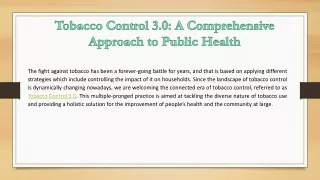 Tobacco Control 3.0 A Comprehensive Approach to Public Health