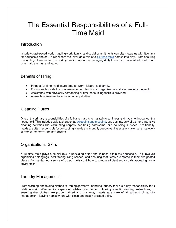 the essential responsibilities of a full time maid