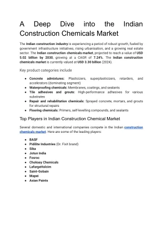 A Deep Dive into the Indian Construction Chemicals Market
