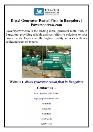 Diesel Generator Rental Firm In Bangalore  Powersparrow.com