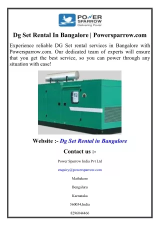 Dg Set Rental In Bangalore  Powersparrow.com