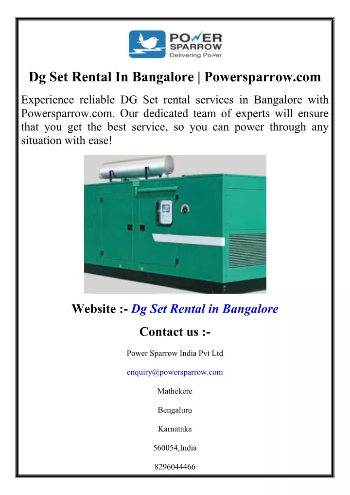 dg set rental in bangalore powersparrow com