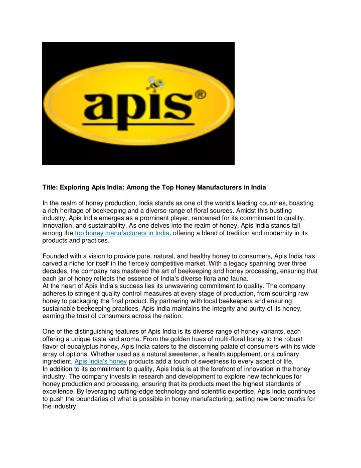 title exploring apis india among the top honey