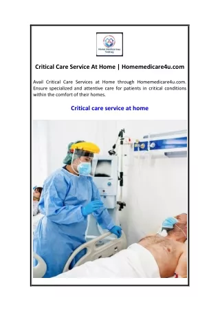 Critical Care Service At Home  Homemedicare4u.com