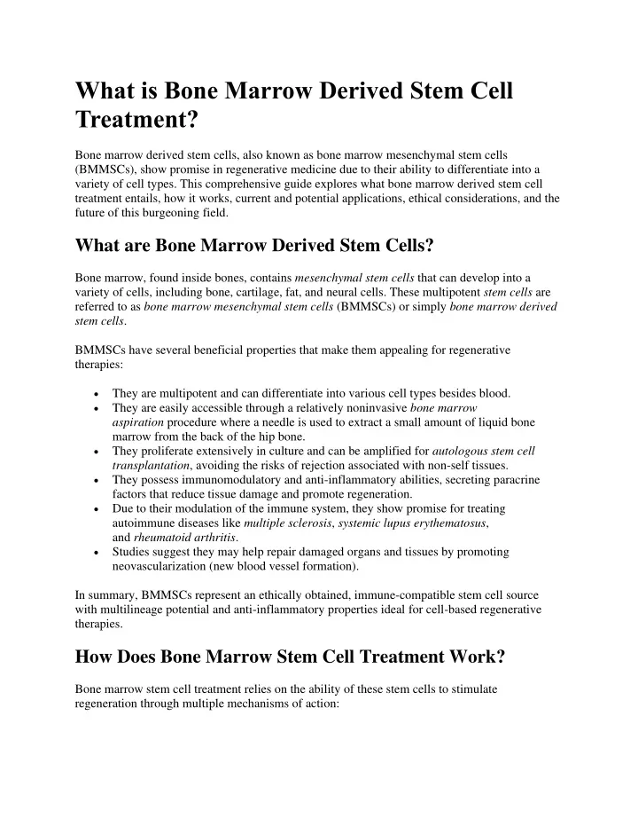 what is bone marrow derived stem cell treatment