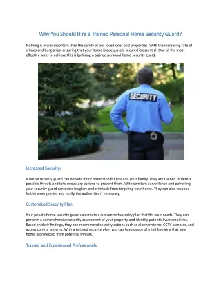 Why You Should Hire a Trained Personal Home Security Guard?