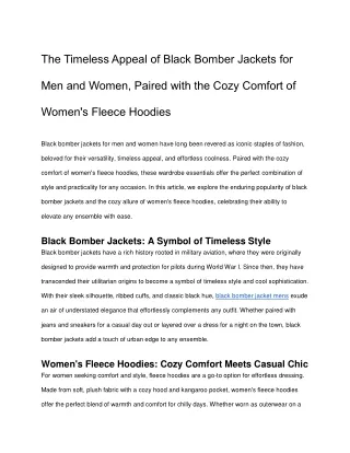 The Timeless Appeal of Black Bomber Jackets for Men and Women, Paired with the Cozy Comfort of Women's Fleece Hoodies