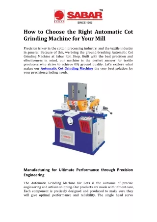 How to Choose the Right Automatic Cot Grinding Machine for Your Mill