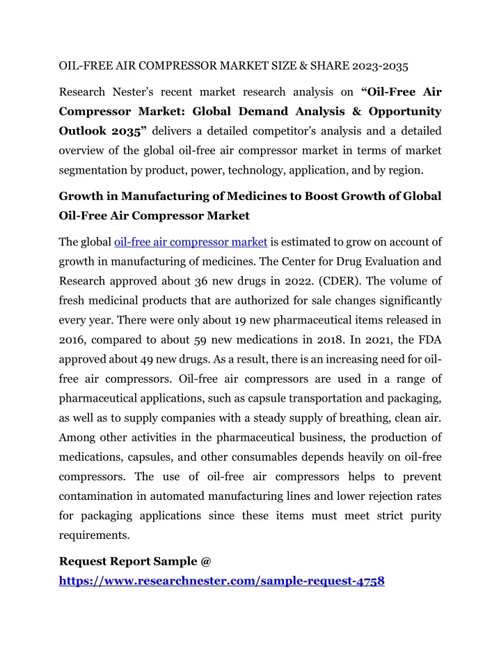oil free air compressor market size share 2023