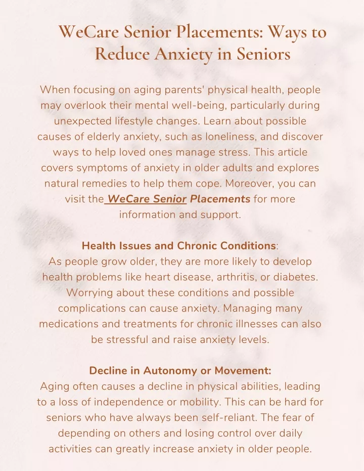 wecare senior placements ways to reduce anxiety