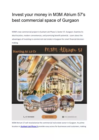 Invest your money in M3M Atrium 57's best commercial space of Gurgaon