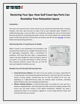 Restoring Your Spa - How Gulf Coast Spa Parts Can Revitalize Your Relaxation Space