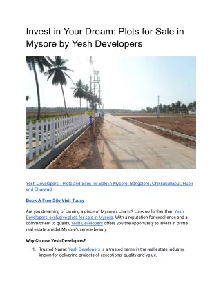 Invest in Your Dream_ Plots for Sale in Mysore by Yesh Developers