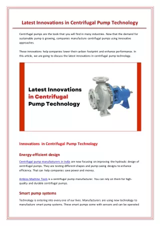 Latest Innovations in Centrifugal Pump Technology