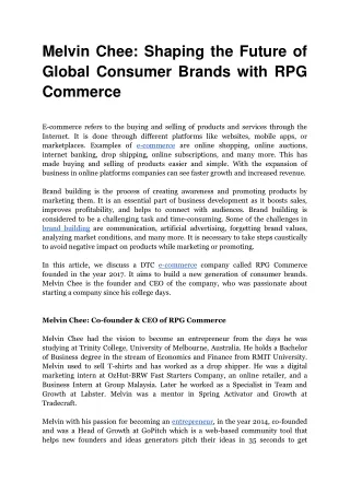 Melvin Chee Shaping the Future of Global Consumer Brands with RPG Commerce