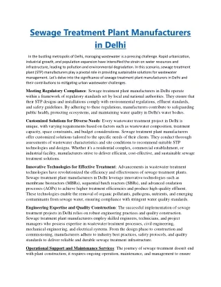 Sewage Treatment Plant Manufacturers in Delhi
