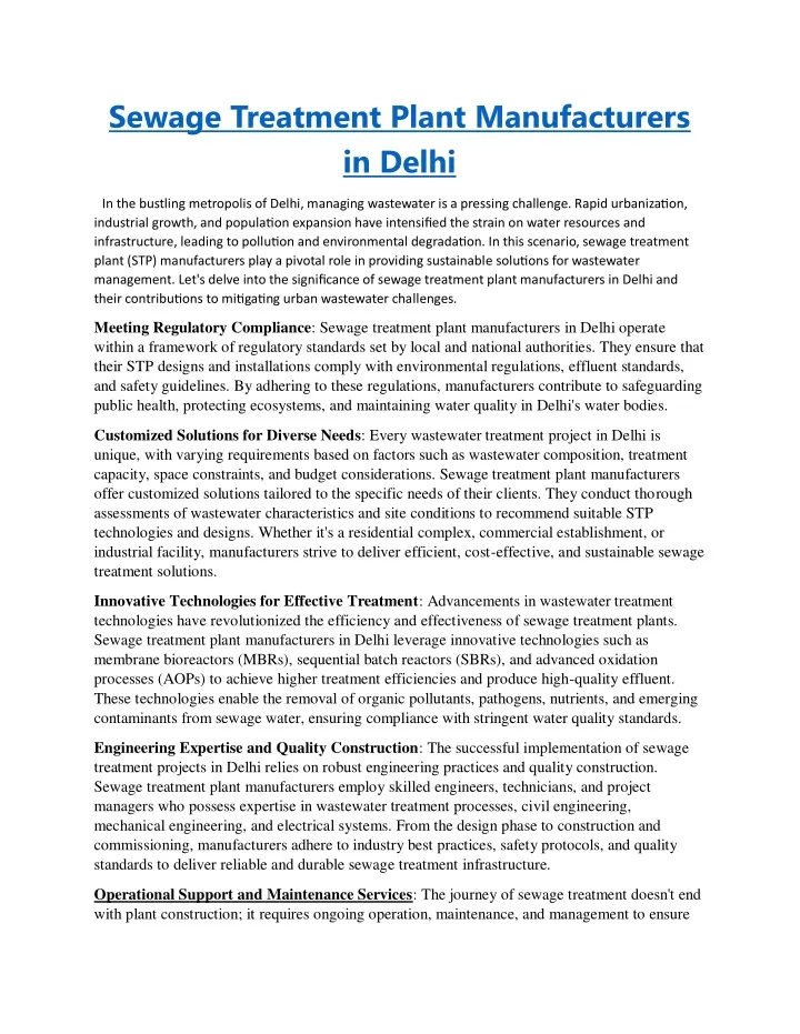 sewage treatment plant manufacturers in delhi