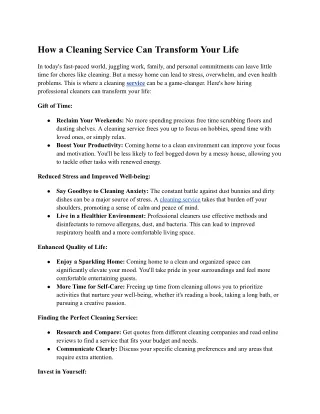 How a Cleaning Service Can Transform Your Life?