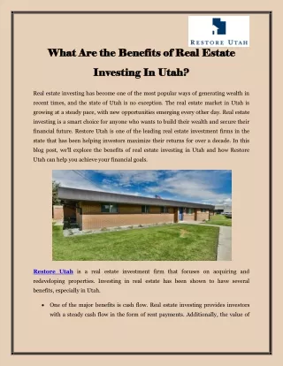 What Are the Benefits of Real Estate Investing In Utah