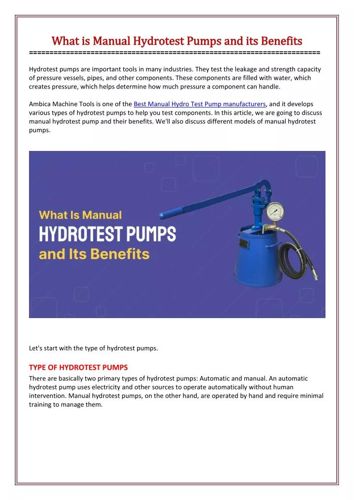 what is manual hydrotest pumps a what is manual