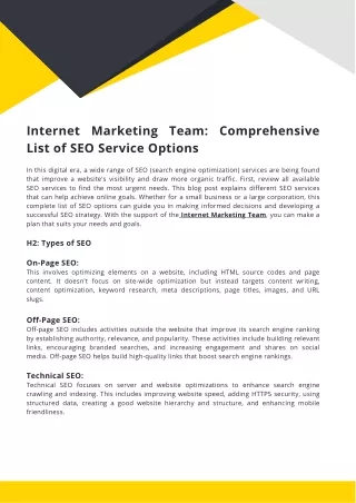 Internet Marketing Team: Comprehensive List of SEO Service Options