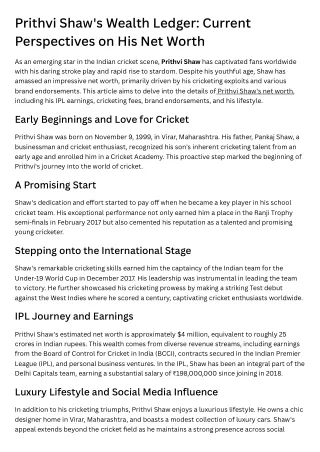 Prithvi Shaw's Wealth Ledger: Current Perspectives on His Net Worth