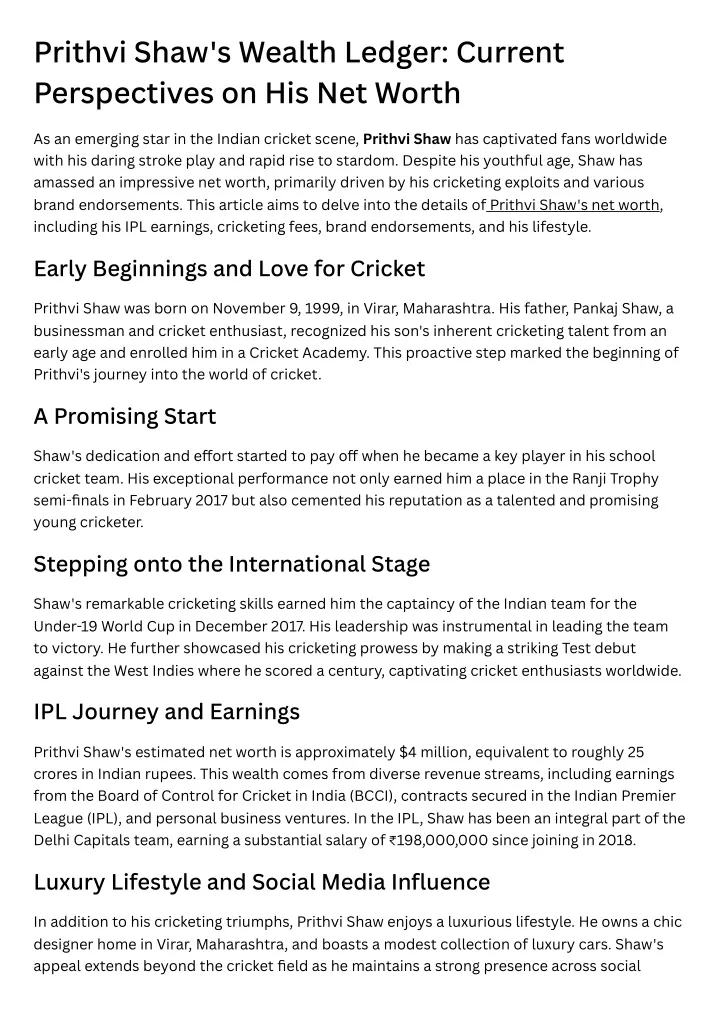 prithvi shaw s wealth ledger current perspectives