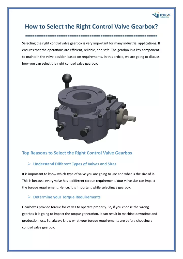 how to select the right control valve gearbox