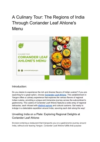 A Culinary Tour - The Regions of India Through Coriander Leaf Ahlone's Menu