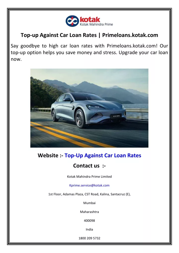 top up against car loan rates primeloans kotak com